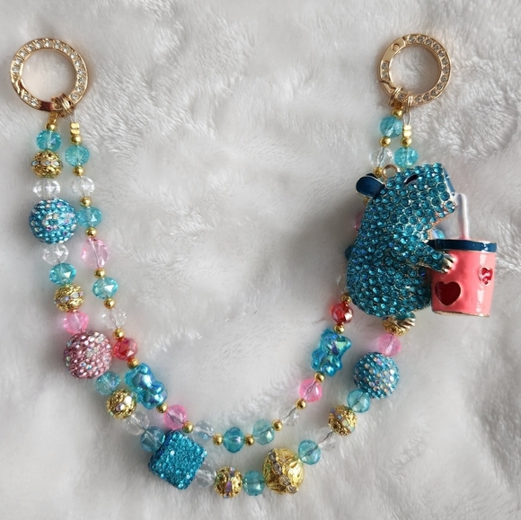 Accessories - Colorful Capybara Beaded Bag Charm with Blue and Gold Accents